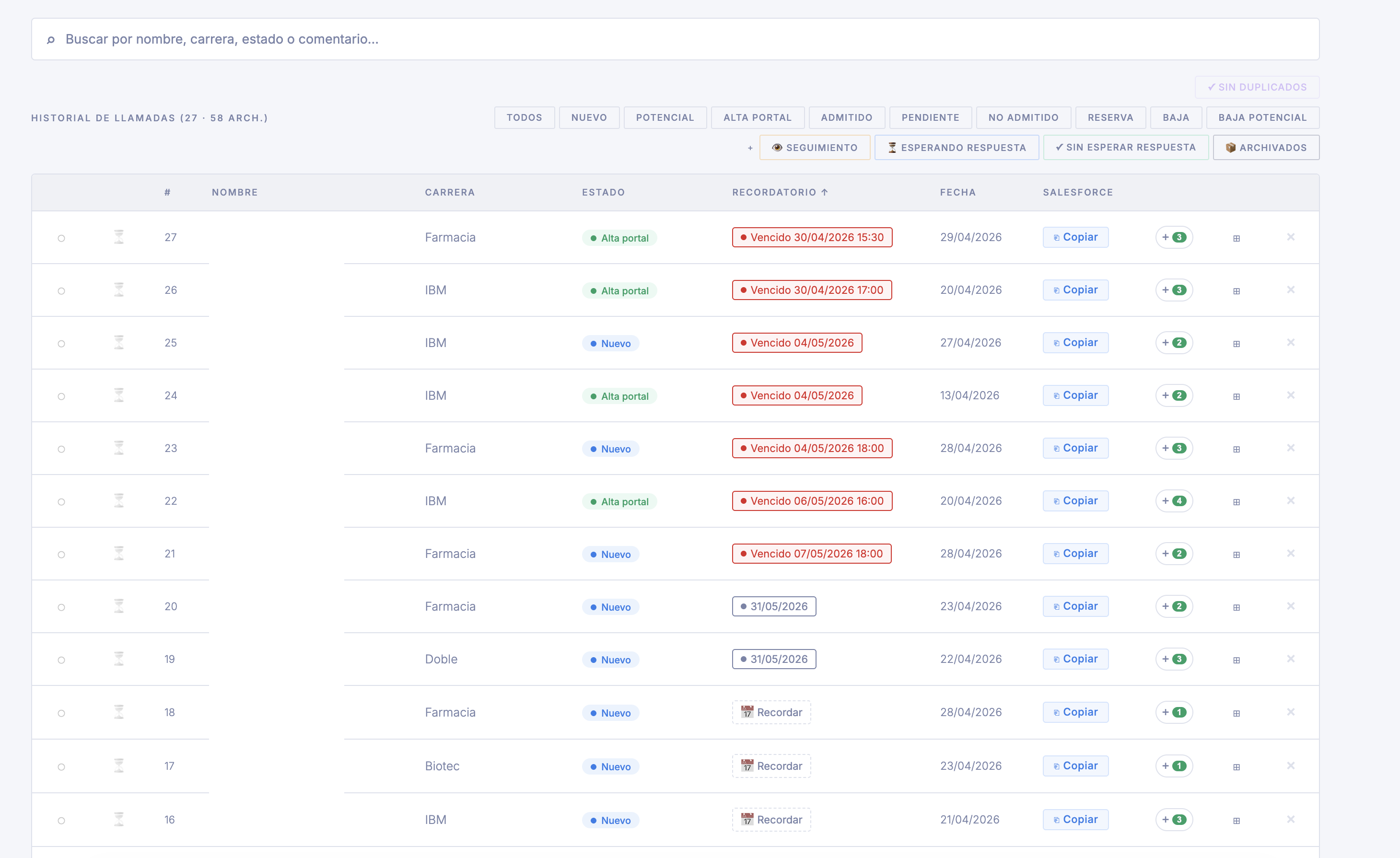 Call history table, filterable by status, with reminder badges