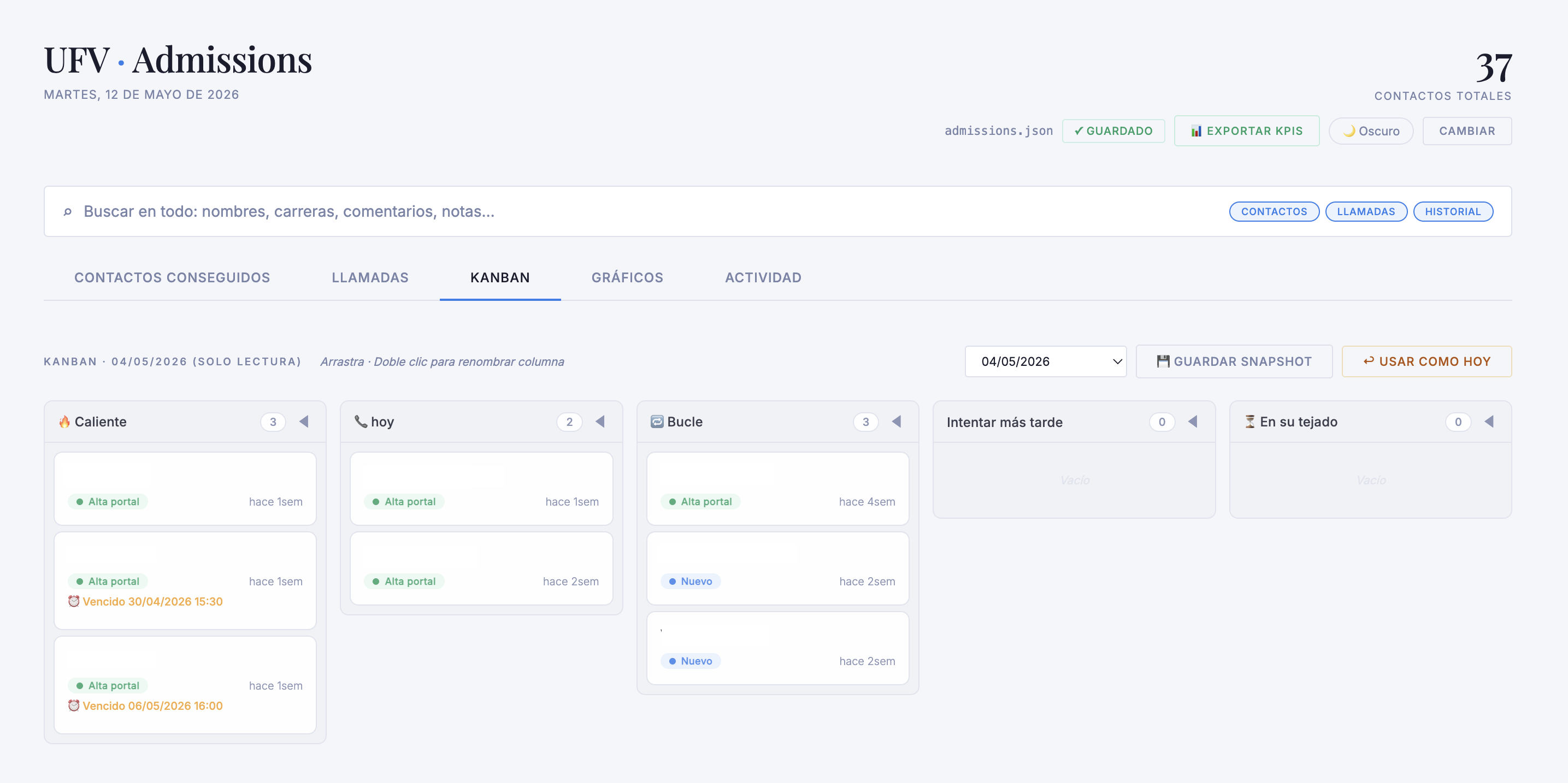 Kanban view with follow-up columns and snapshot history