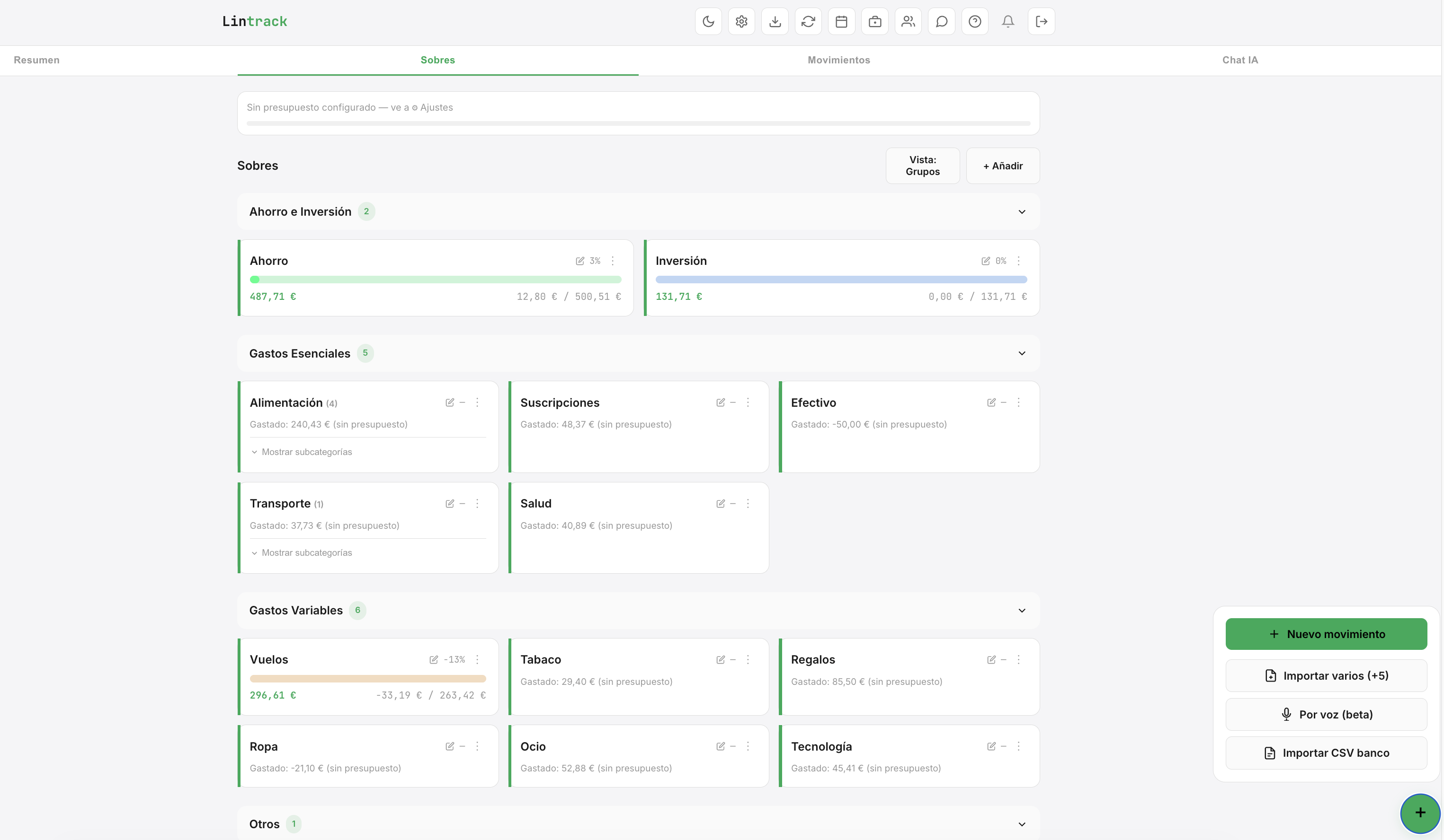 Envelopes dashboard with budgets and spending per category