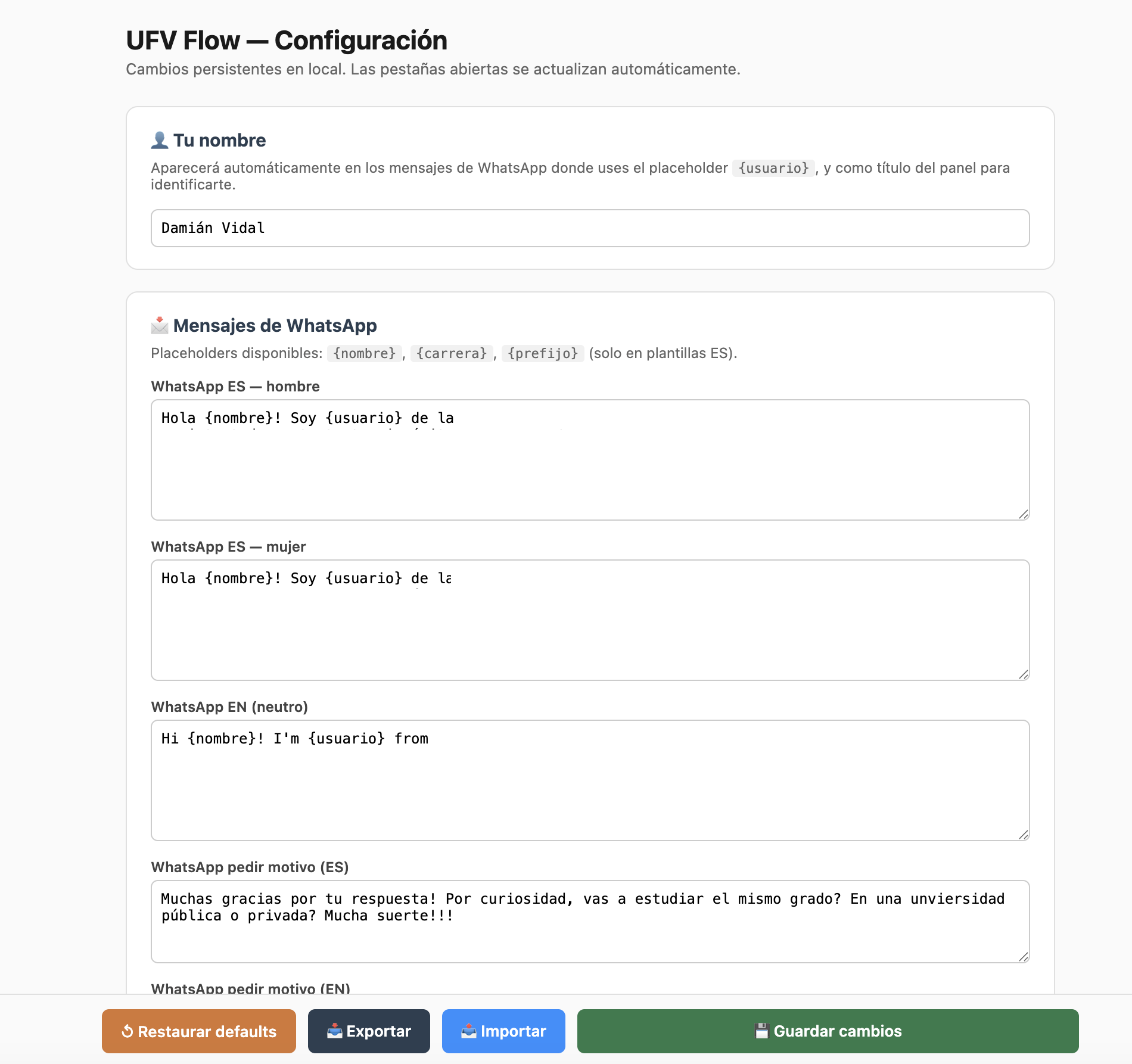 Configuration page with editable WhatsApp templates and placeholders